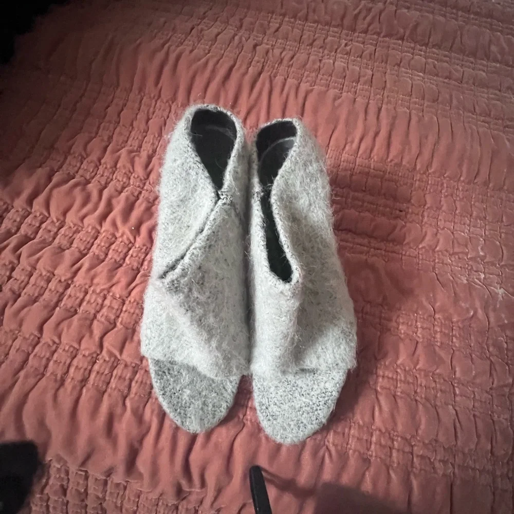 TIBI Fuzzy Open-Toe Mule Heels in Light Gray - Picture 3 of 4